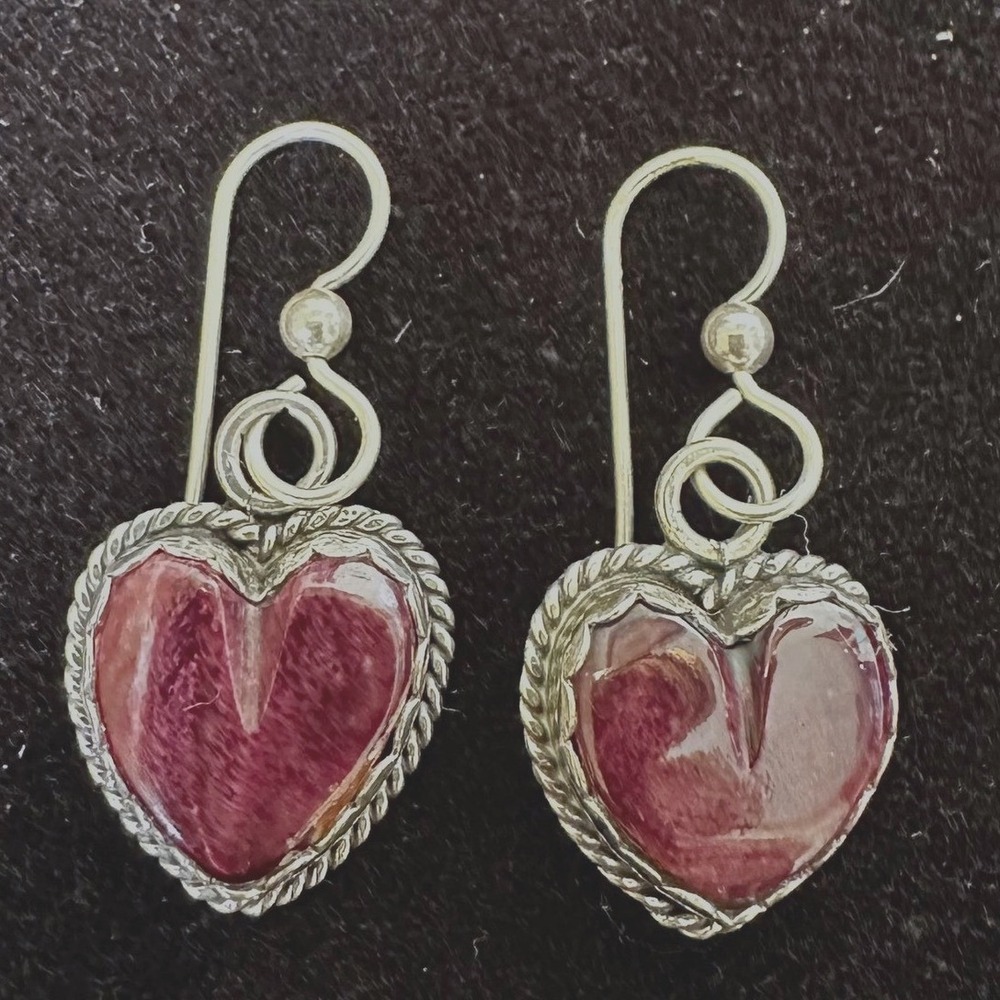 Joan Slifka Sterling Silver Plum Carved Heart Dangle Earrings Signed Hallmarked